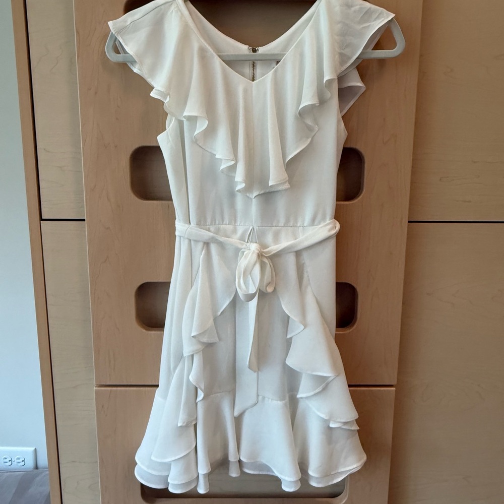 Girl’s White Ruffle Belted Dress